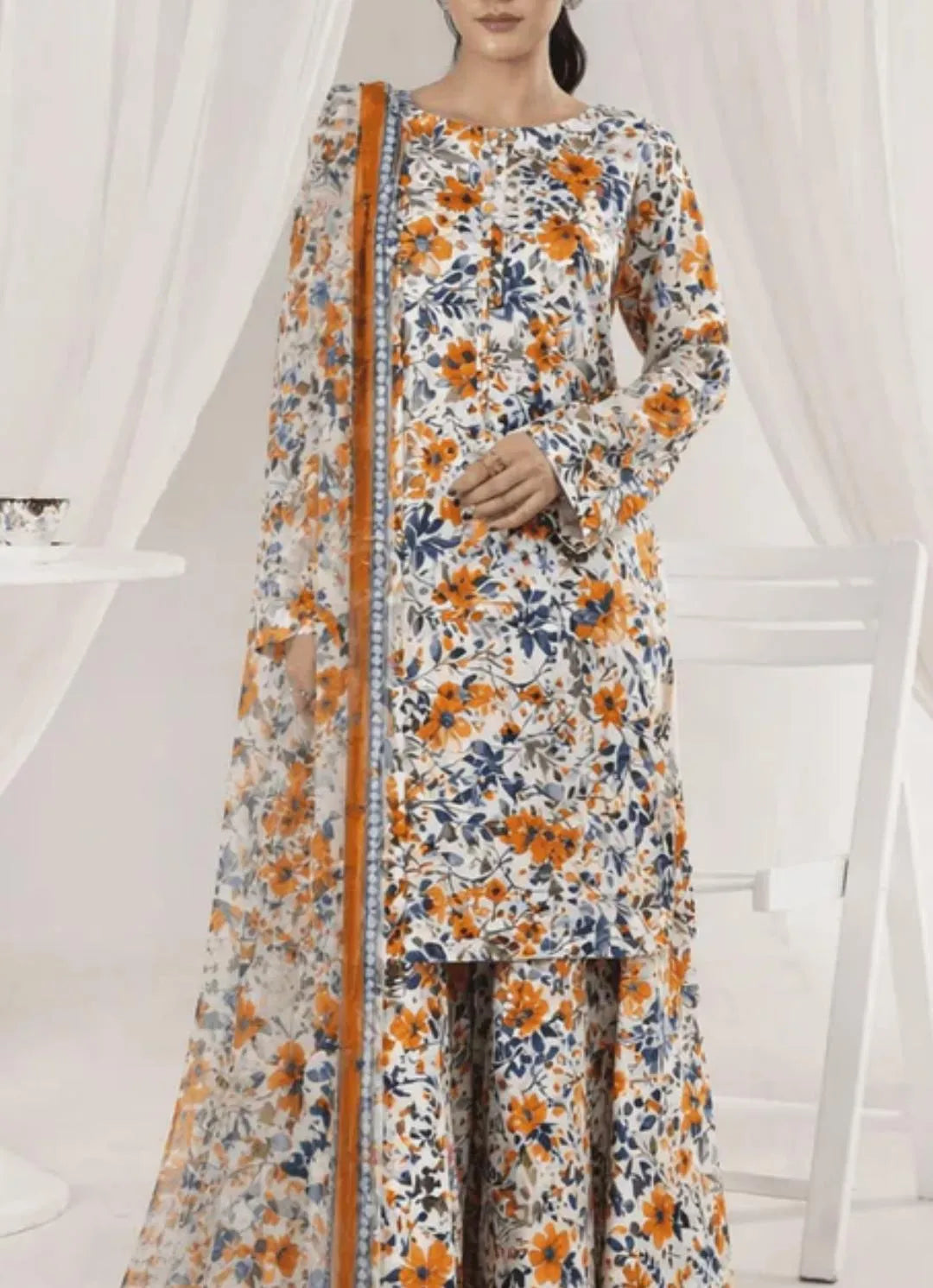 Pakistani Ploral Printed Anarkalei Suit with Chiffon Dupatta