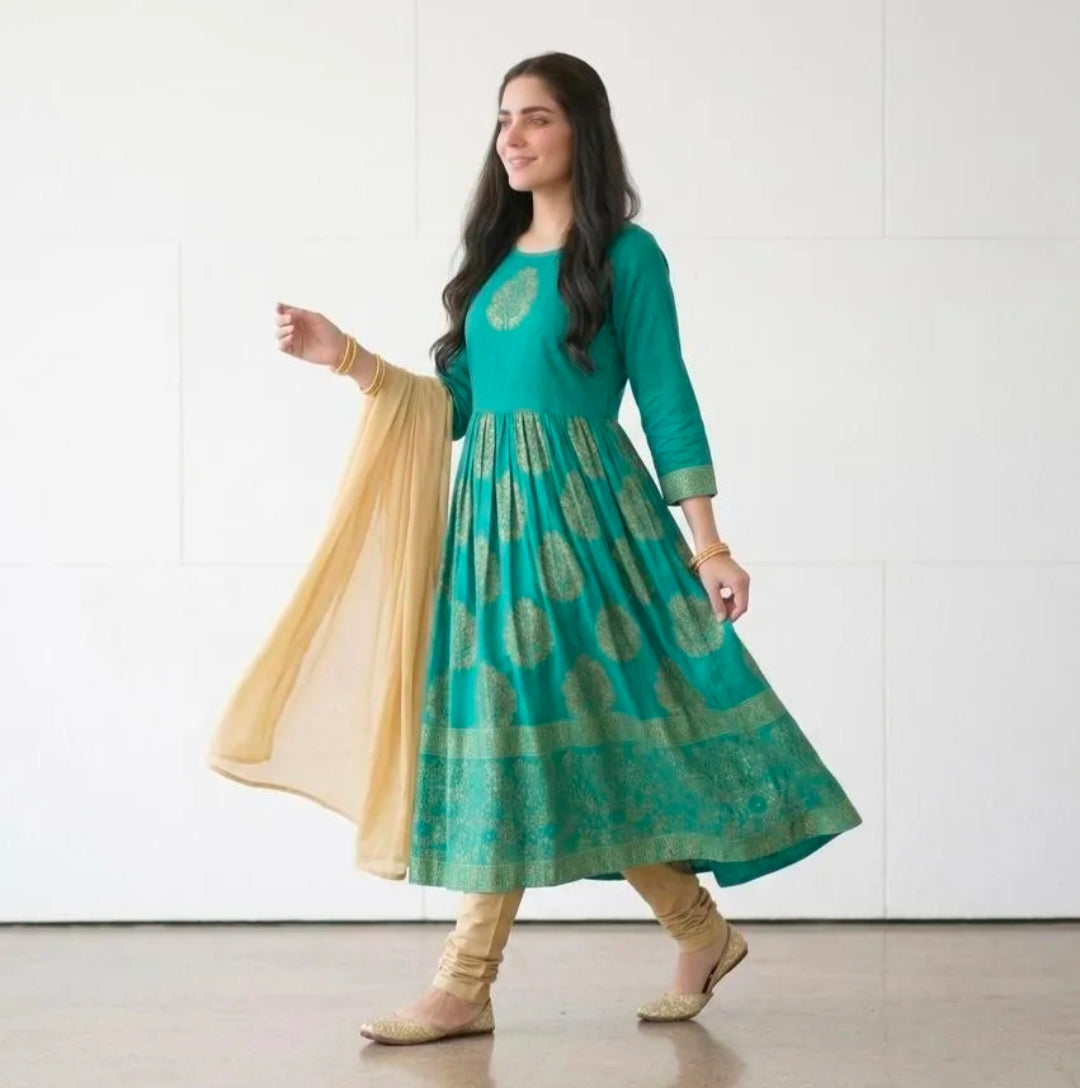 Green Block Printed 3Pcs Maxi Set for Women