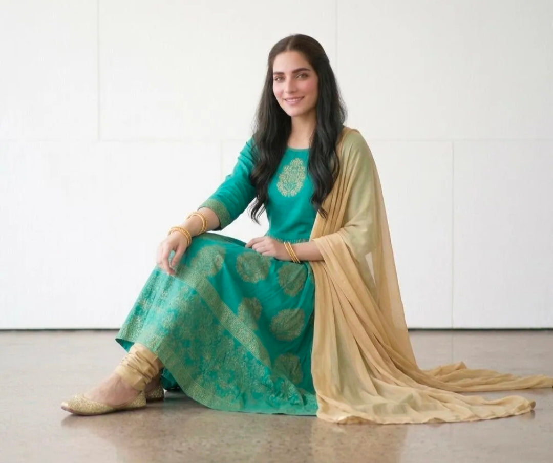 Green Block Printed 3Pcs Maxi Set for Women