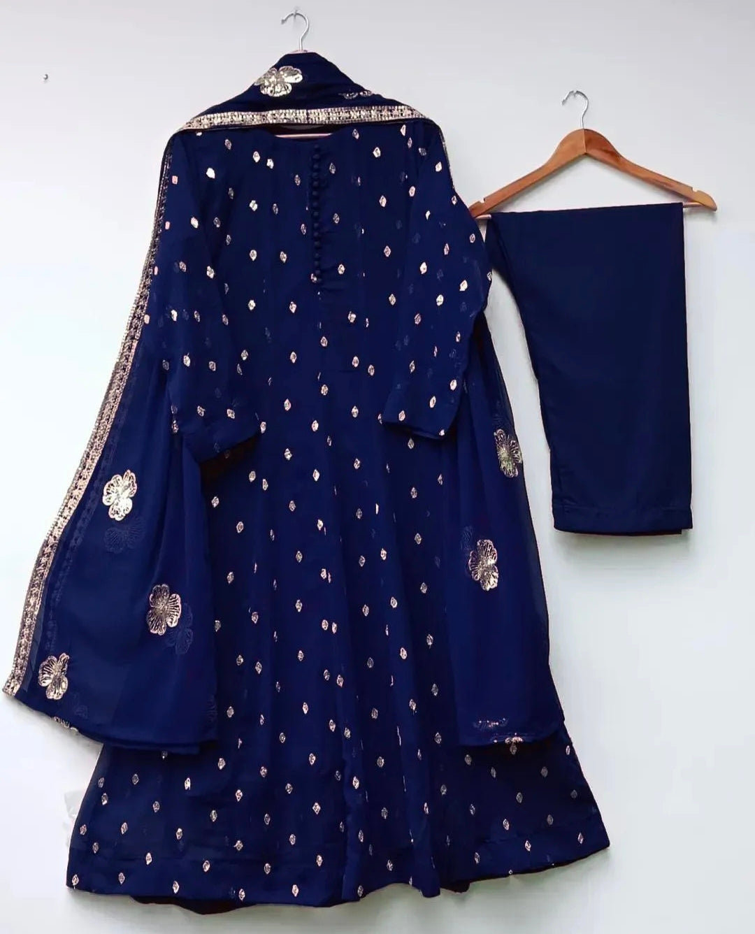 Blue Embroidered Maxi Set with Crepe Trouser and Dupatta 3Pcs