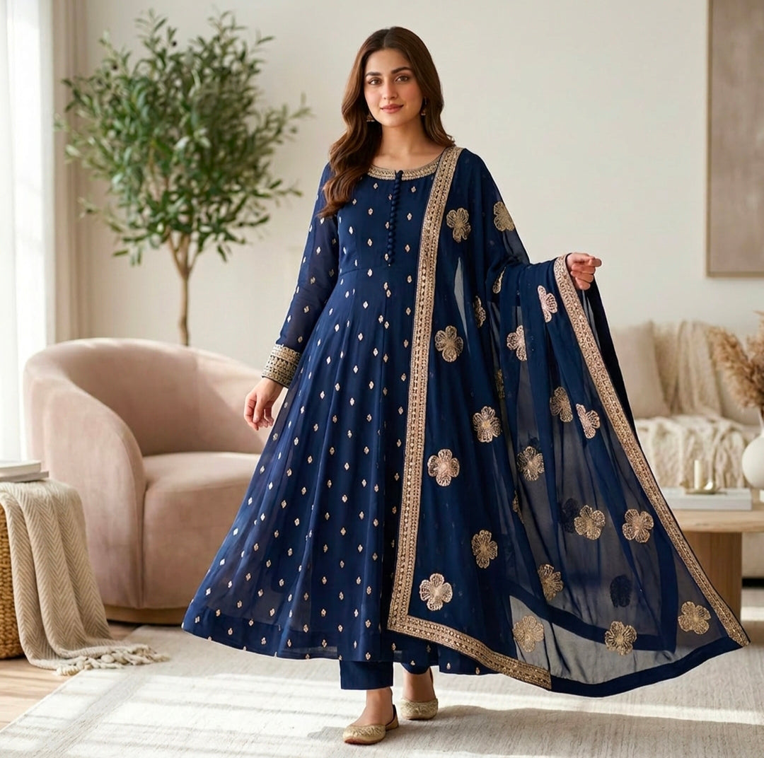 Blue Embroidered Maxi Set with Crepe Trouser and Dupatta 3Pcs