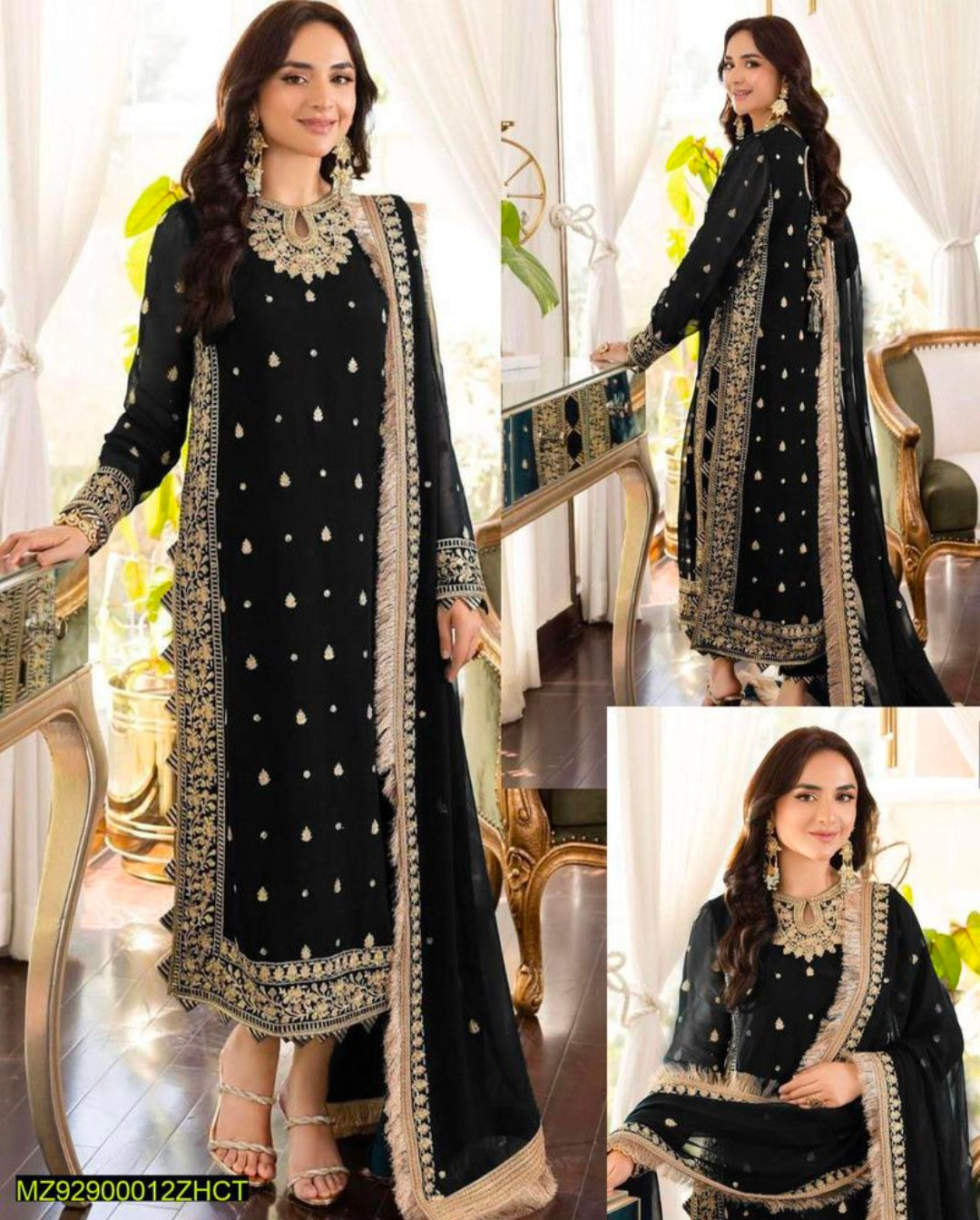 Black Embroidered 3Pcs Crinkle Chiffon Suit Medium to Large