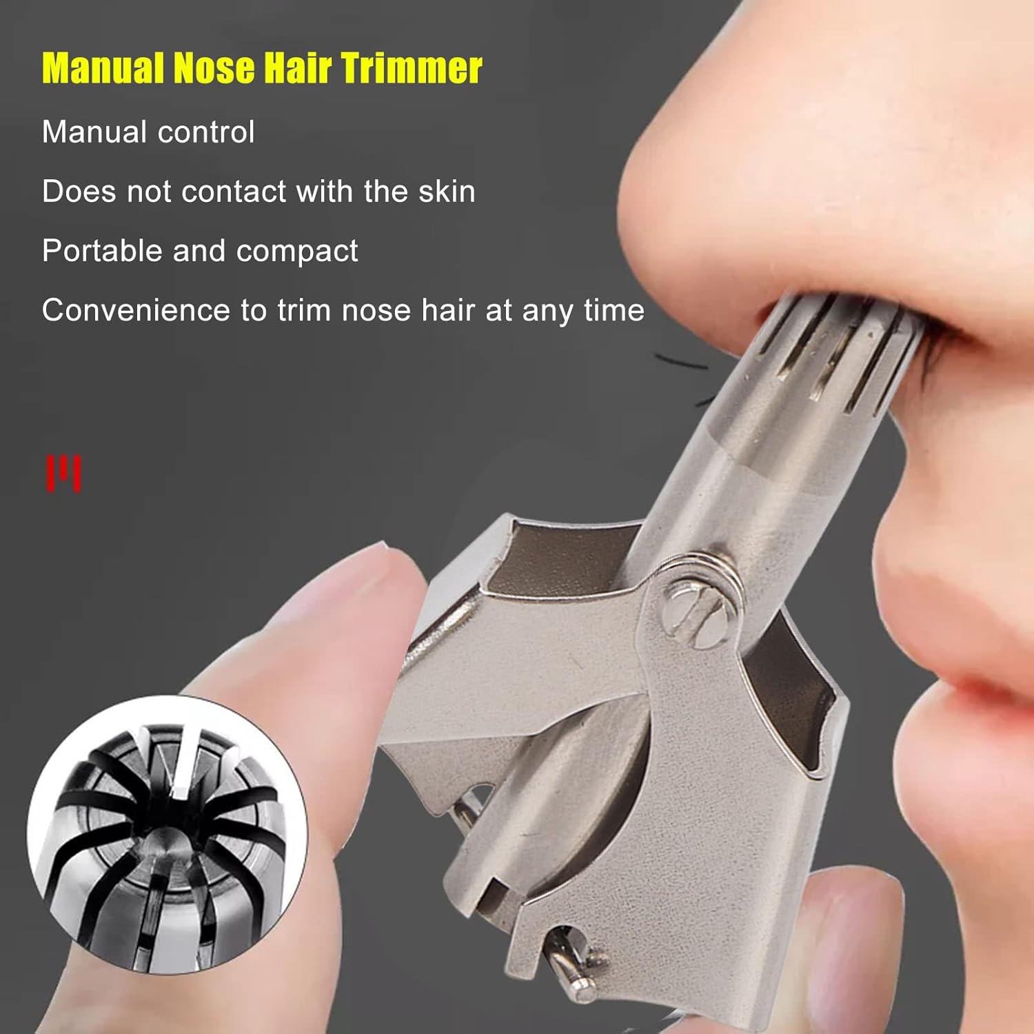 Stainless Steel Manual Nose Hair Trimmer – Portable 6-Teeth Precision Trimming Tool with Drawstring Bag and Brush