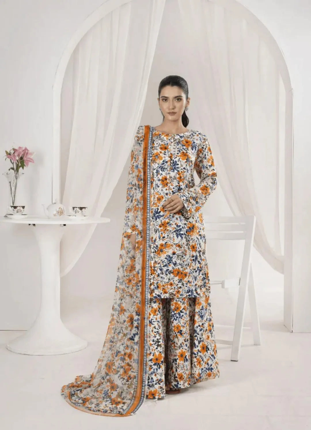 Pakistani Ploral Printed Anarkalei Suit with Chiffon Dupatta
