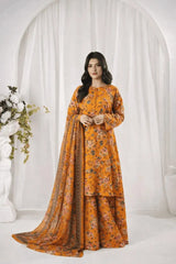 Orange Digital Print Lawn 3Pcs Anarkali Set