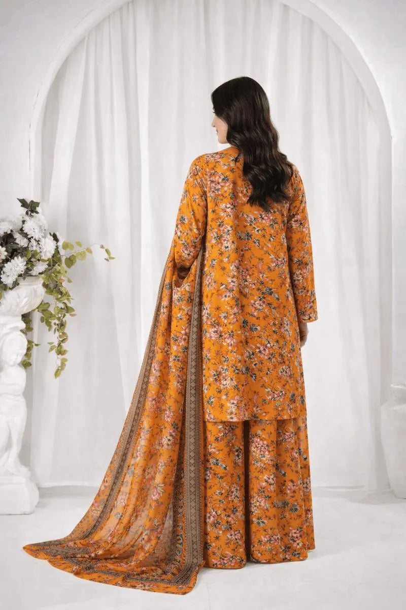 Orange Digital Print Lawn 3Pcs Anarkali Set
