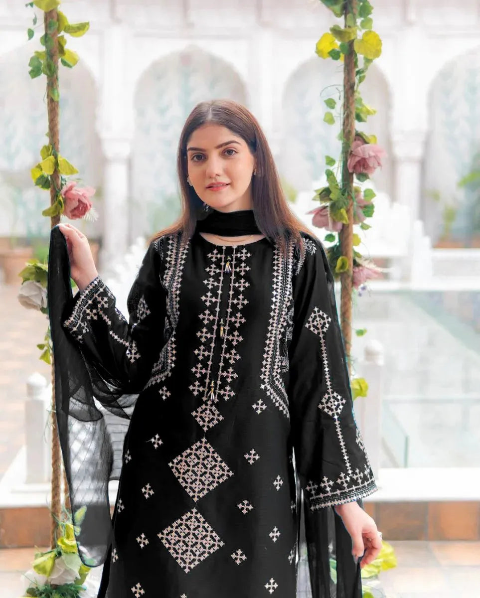 3 PCs Women Stitched Cotton Embroidered Suit
