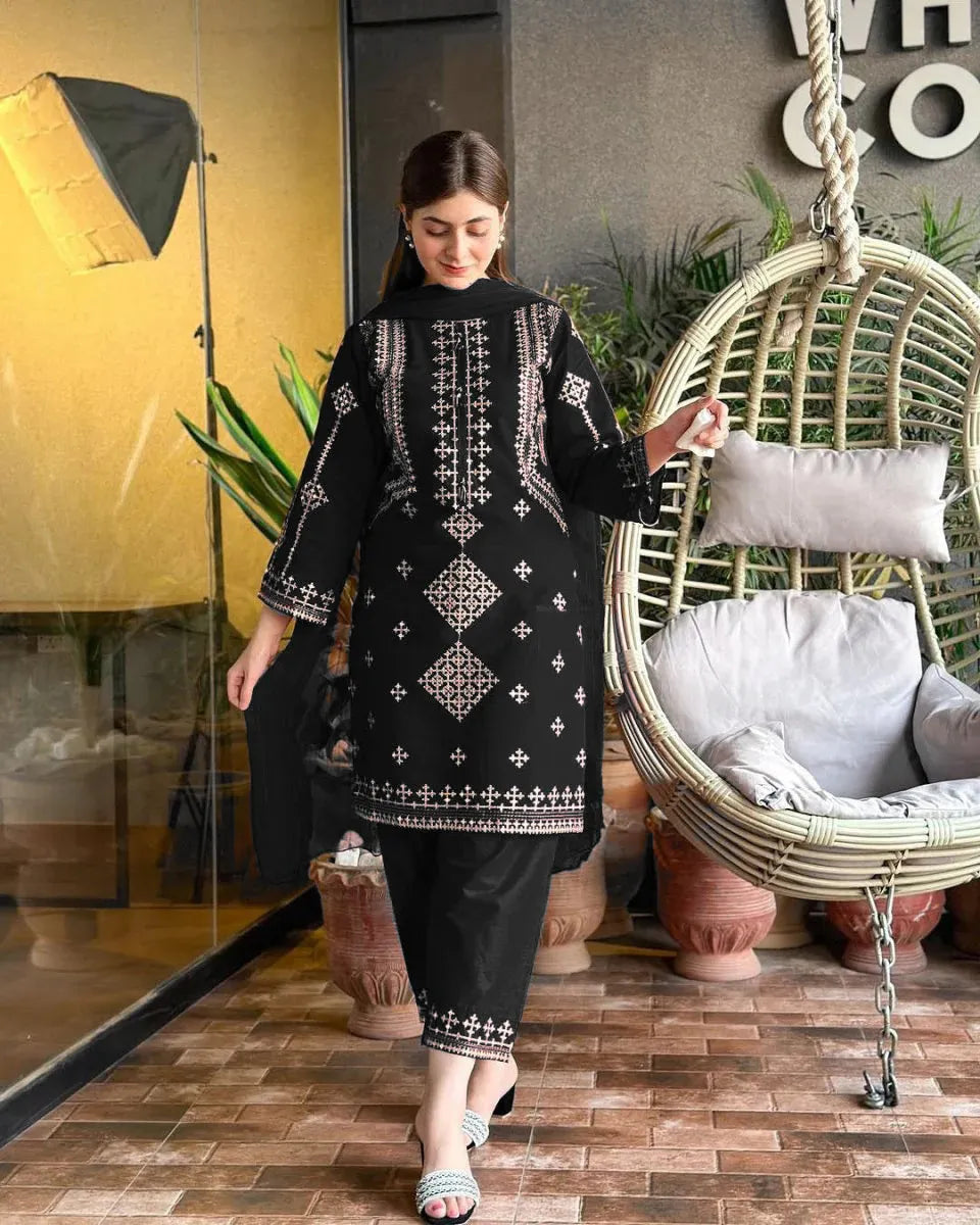 3 PCs Women Stitched Cotton Embroidered Suit