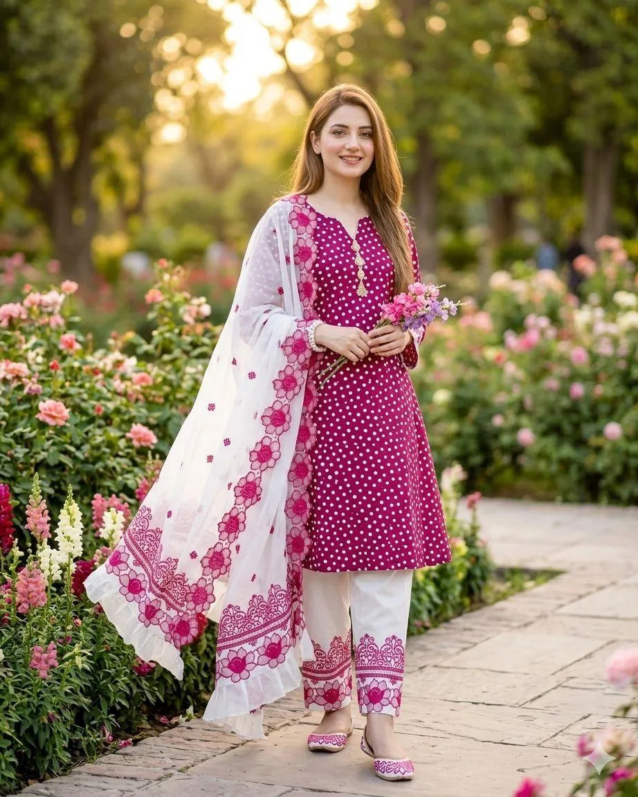 Pakistani Women Pink Floral Kurta Pajama Set with White Dupatta