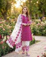 Pakistani Women Pink Floral Kurta Pajama Set with White Dupatta