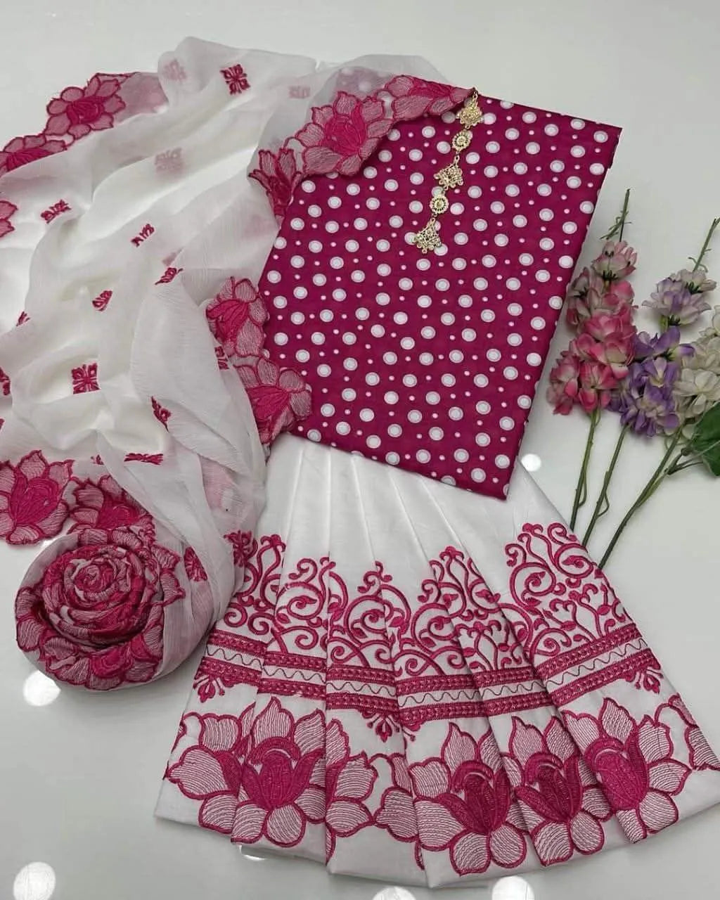 Pakistani Women Pink Floral Kurta Pajama Set with White Dupatta