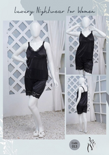 Women's Silk Nightwear Set with Black Lace – 2 Piece Cami Top & Shorts Sleepwear (Free Size) [SKU R-013]