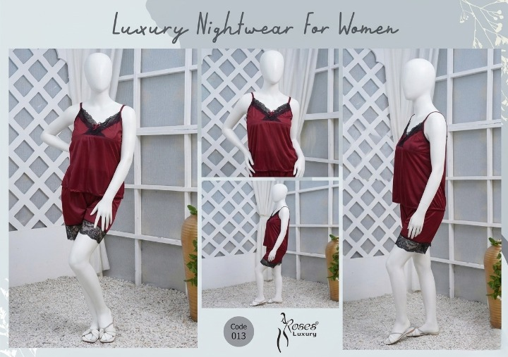 Women's Silk Nightwear Set with Black Lace – 2 Piece Cami Top & Shorts Sleepwear (Free Size) [SKU R-013]