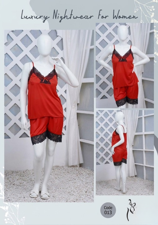 Women's Silk Nightwear Set with Black Lace – 2 Piece Cami Top & Shorts Sleepwear (Free Size) [SKU R-013]