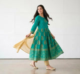 Green Block Printed 3Pcs Maxi Set for Women