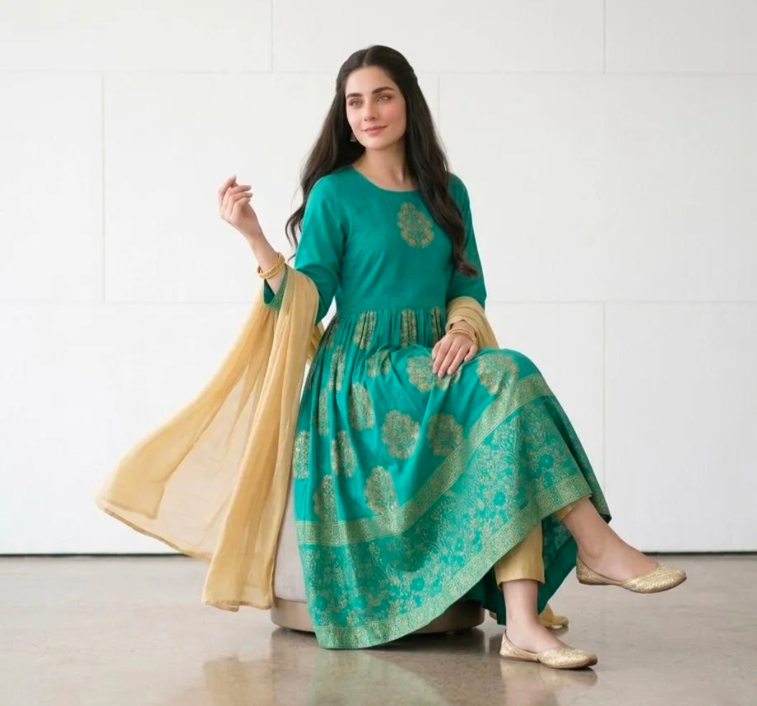 Green Block Printed 3Pcs Maxi Set for Women