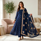 Blue Embroidered Maxi Set with Crepe Trouser and Dupatta 3Pcs