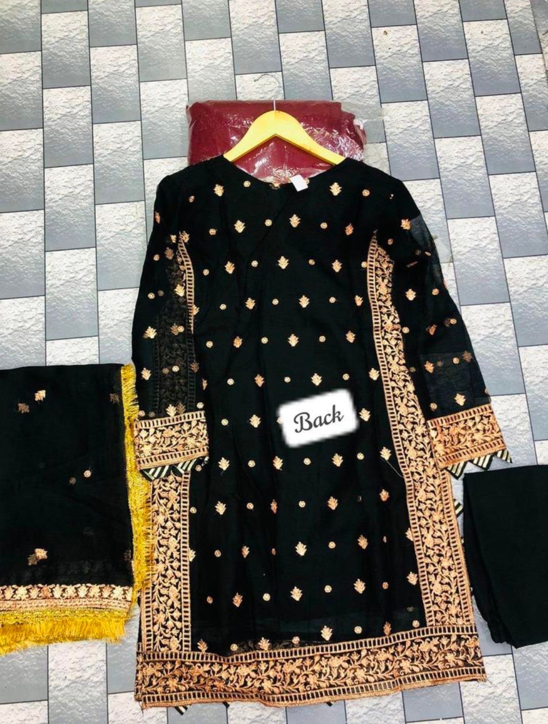Black Embroidered 3Pcs Crinkle Chiffon Suit Medium to Large