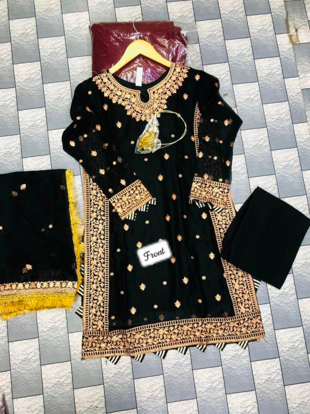 Black Embroidered 3Pcs Crinkle Chiffon Suit Medium to Large