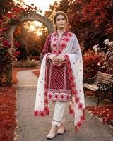 Red Digital Print Lawn Shirt Set with Embroidered Cotton Trouser & Chiffon Dupatta