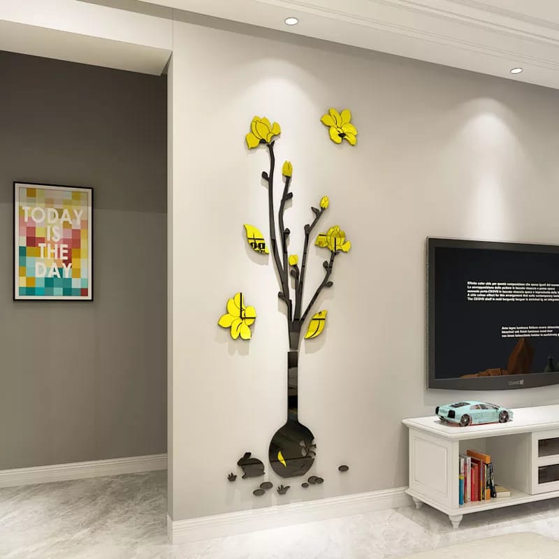 Acrylic Mirror Rabbit Vase Wall Decoration – Golden & Black 3D Wall Art Sticker Decal with Paper Chart (4 Feet)
