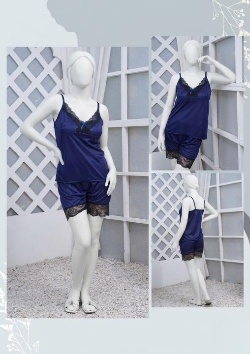 Women's Silk Nightwear Set with Black Lace – 2 Piece Cami Top & Shorts Sleepwear (Free Size) [SKU R-013]